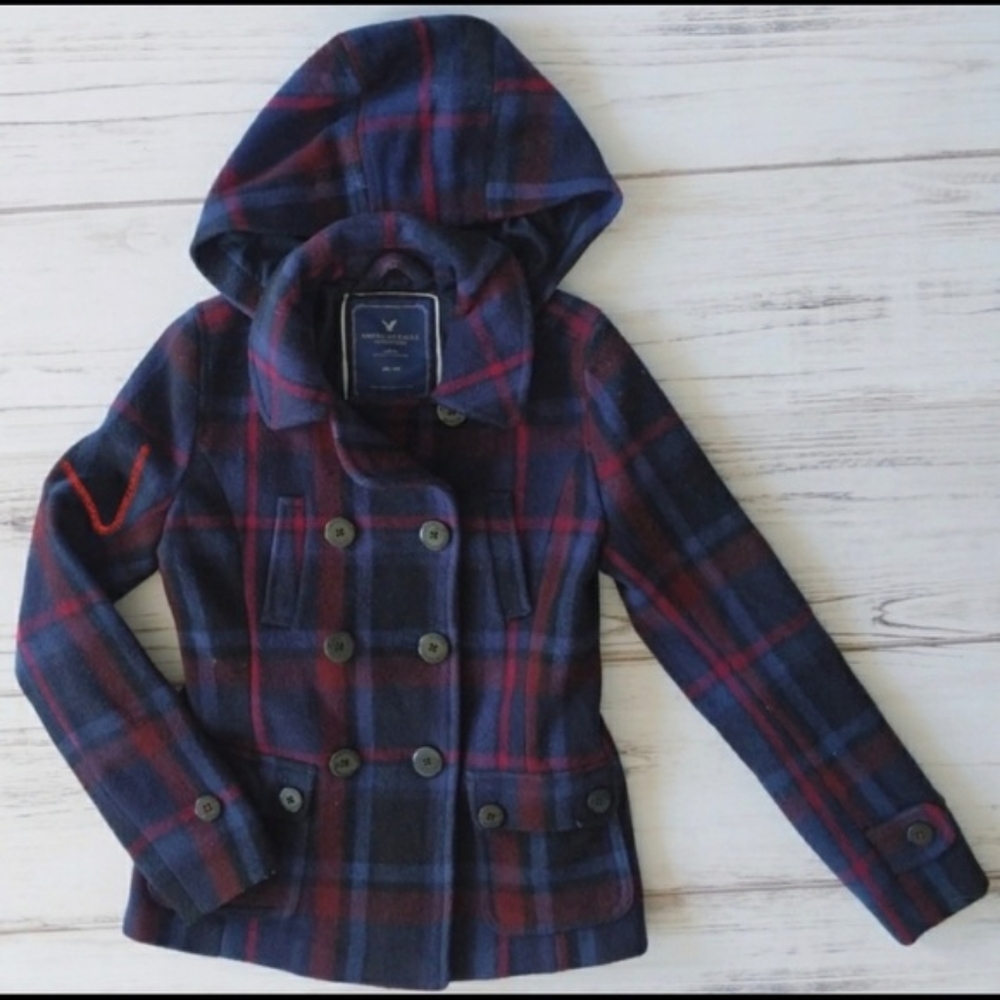 American Eagle Plaid Pea Coat